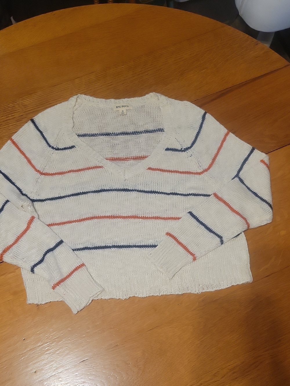 Striped V-Neck Knit Sweater in Cream with Navy & Rust